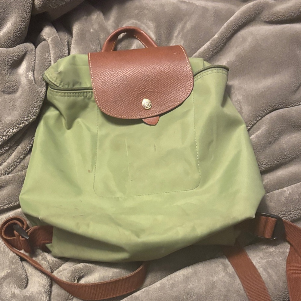 Longchamp Le Pliage Pistachio Green Nylon Backpack with Brown Leather Flap-used